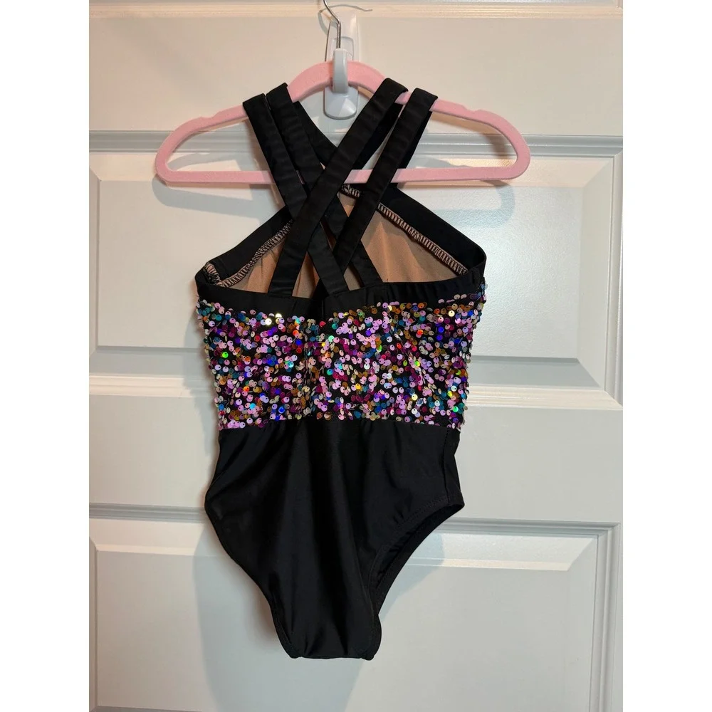 Revolution Dancewear Kids MC Sequin Halter Leotard Black Multi Blue RC25851